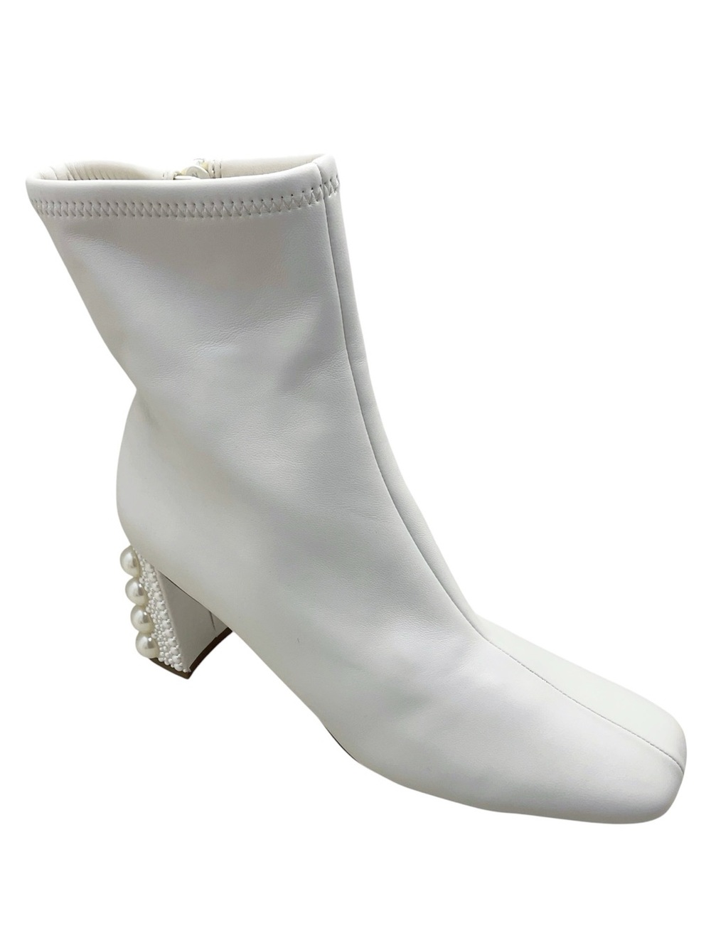 🆕{Steve Madden} Hush-P White Pearl-Embellished Block Heel Ankle Boots